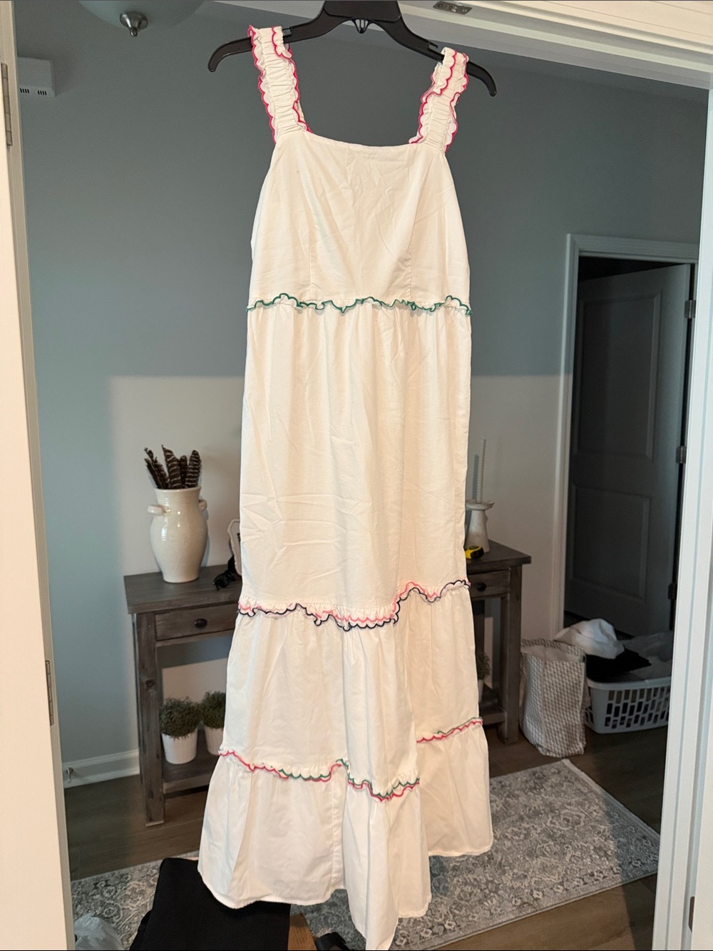 LOFT White Maxi Dress with Pink and Green Ruffle Trim